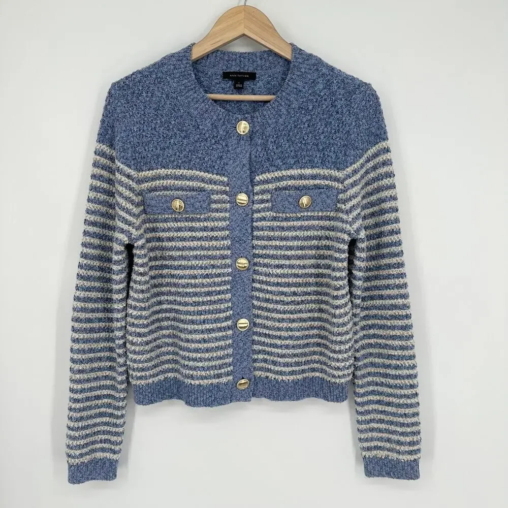 Ann Taylor Denim Striped Cardigan Gold Button Sweater Jacket Metallic Blue White - Picture 5 of 13
